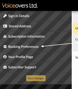Once you've signed in and accessed your Accounts page, you should see a menu similar to the one on the left. Click on the Booking Preferences section.