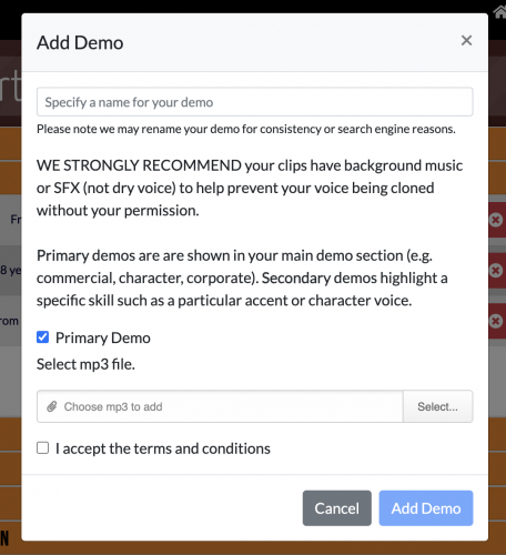 When adding a demo, first give your demo a name, then select the mp3 file, agree to the terms and conditions, and finally click 'Add Demo.