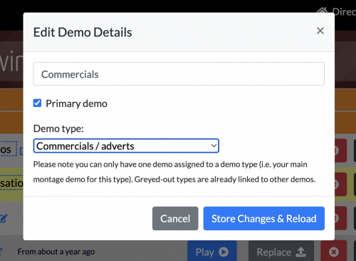 Clicking on the edit icon will open the Edit Demo Details box. This box lets you switch a demo between Primary and Secondary.